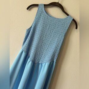 Smocked Drop Waist Midi Length Sleeveless Blue Dress (M)